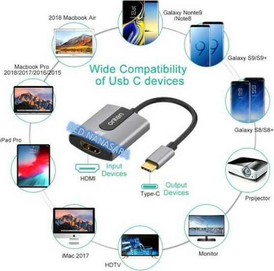 Onten Конвертор USB-C мъжки към HDMI женски Сив 1бр TN-9587S