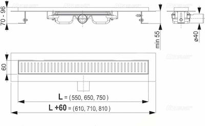 Κανάλι Ντουζιέρας Φ40 65εκ Inox APZ101 Low Alcaplast