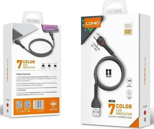 Ldnio LS481 Geflochten / LED USB 2.0 Kabel USB-C männlich - USB-A Gray 1m