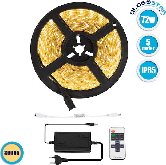 GloboStar Waterproof LED Strip 12V Warm White Light 5m Type SMD5050 with Power Supply & Remote Control