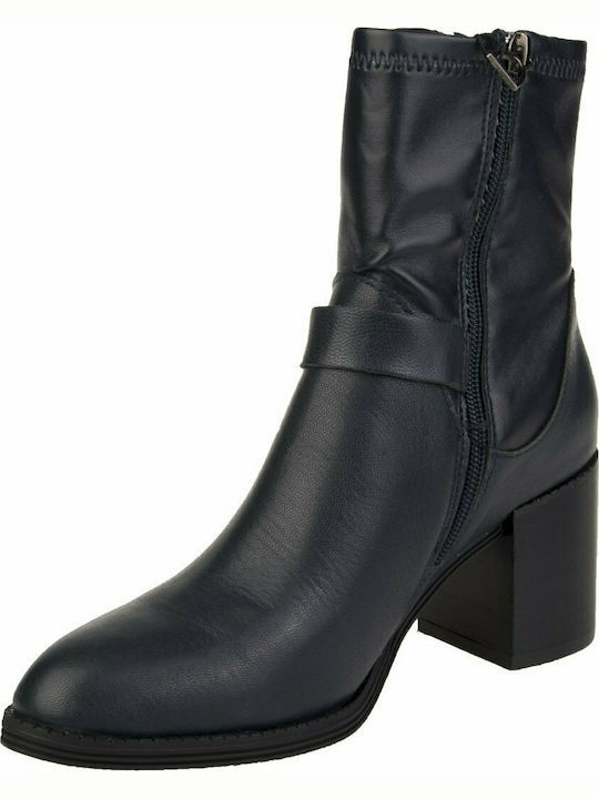 Agnes Ghete Dama De Piele Ankle Boots Cu Toc Navy Albastru Marin