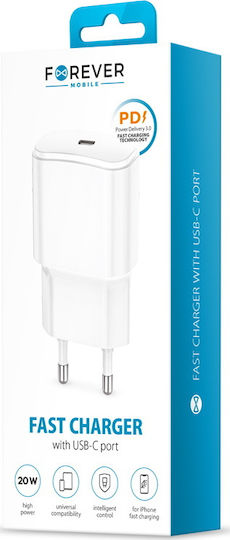Forever Încărcător Fără Cablu cu Port USB-C 20W Livrarea energiei Albς (FTCPD20)
