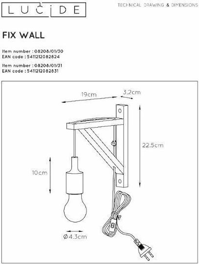 Lucide Lightning Vintage Lamp Wall Socket with Socket E27 and Switch Black 22cm