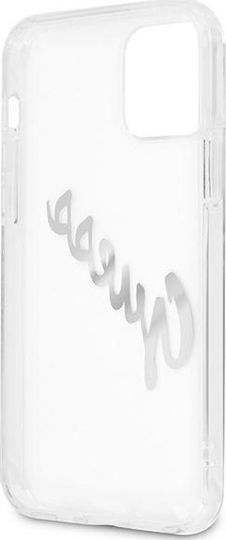 Guess Vintage Script Silver Umschlag Rückseite Kunststoff Transparent (iPhone 12 / 12 Pro)