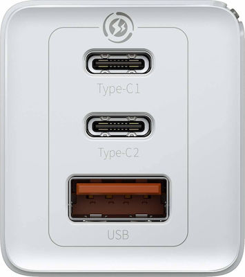 Baseus Φορτιστής με Θύρα USB-A και 2 Θύρες USB-C και Καλώδιο USB-C 65W Power Delivery / Quick Charge 3.0 / Quick Charge 4+ Λευκός (GaN2 Pro)