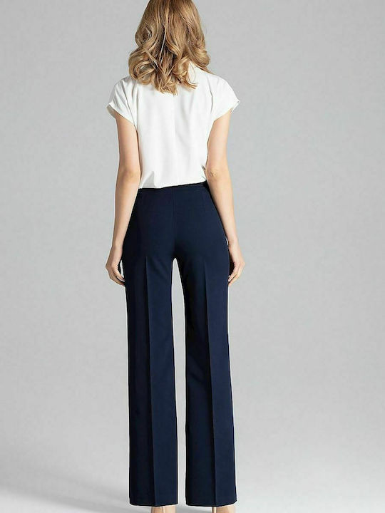 Figl Women's High-waisted Fabric Trousers in Wide Line Navy Blue