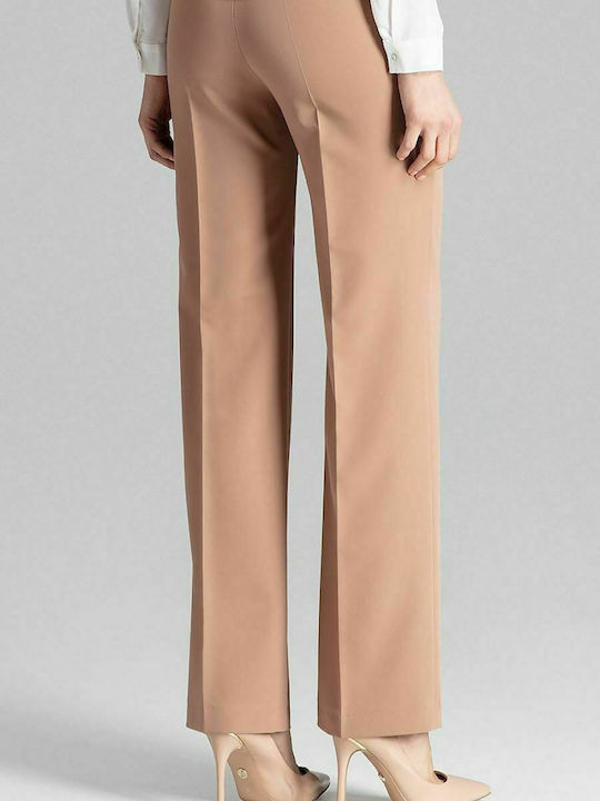 Figl M657 Women's High-waisted Fabric Trousers in Wide Line Brown 129775