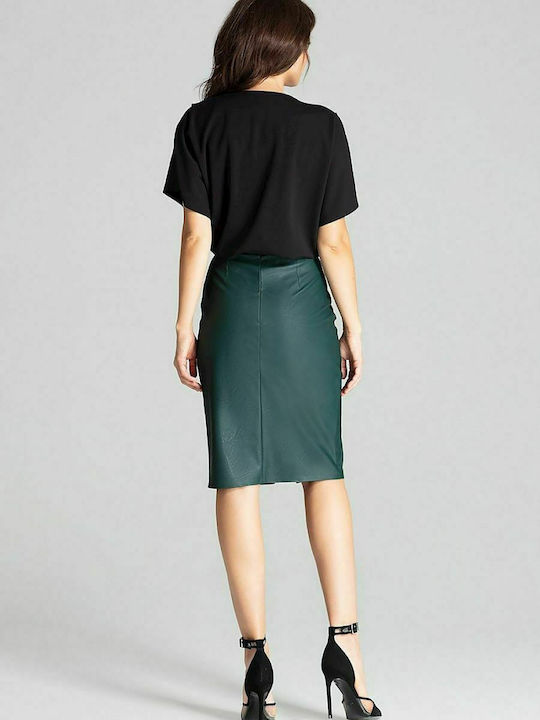 Lenitif L071 Leather Pencil High Waist Midi Skirt in Green color