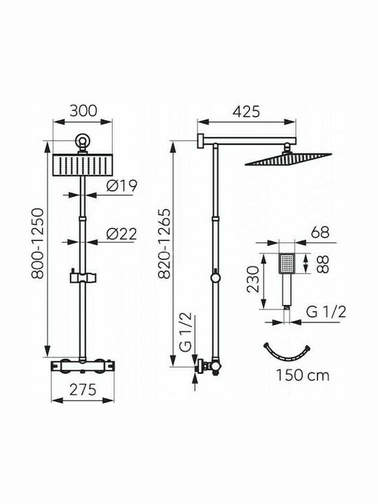 Ferro Trevi Square Reglabilă Coloană de duș cu Baterie 80 - 125cm Argint