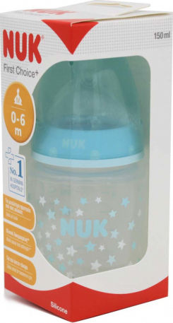 Nuk Plastic Baby Bottle First Choice Plus Temperature Control Anti-colic with Silicone Teat for 0-6 Months Blue Stars Sky Blue 150ml
