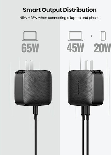 Ugreen Incarcător Fără Cablu GaN Cu 2 Porturi De Ieșire USB-C 66W Livrarea Energiei Quick Charge 2.0 Quick Charge 3.0 Negru (CD216)