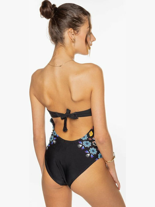 Waikiki Strapless Badeanzug Blumen Schwarz