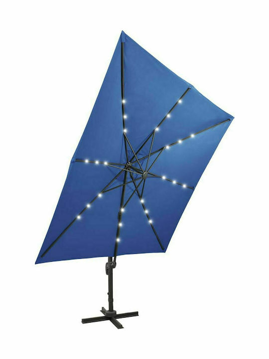 Garden & Terrace Hanging Aluminium Square Parasol with Stand & LED Lighting Αζούρ Μπλε