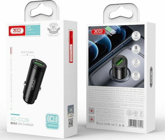 XO Φορτιστής Αυτοκινήτου CC39 18W 3A Γρήγορης Φόρτισης με μία Θύρα: 1xUSB Μαύρος