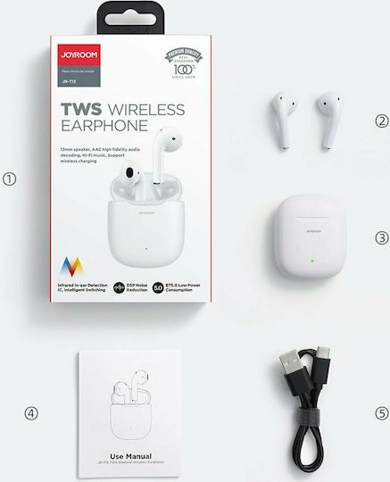 Joyroom JR-T13 Earbud Bluetooth Handsfree Ακουστικά με Αντοχή στον Ιδρώτα και Θήκη Φόρτισης Λευκά