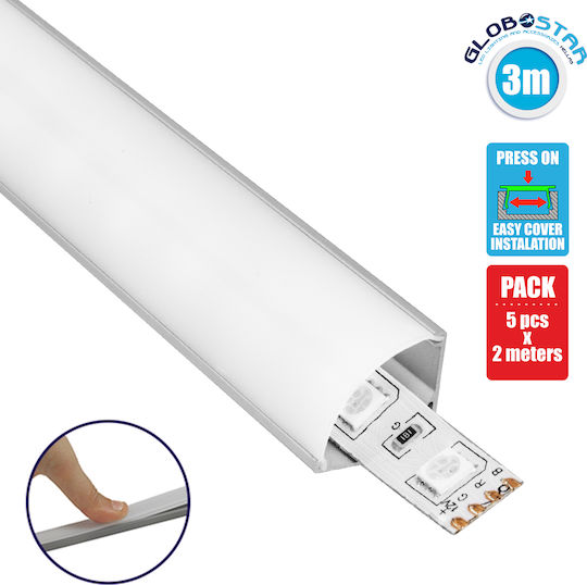 GloboStar Set 5pcs Surface Aluminum Profile for LED Strips Corner with Opal Cover 300x1.6x1.6cm