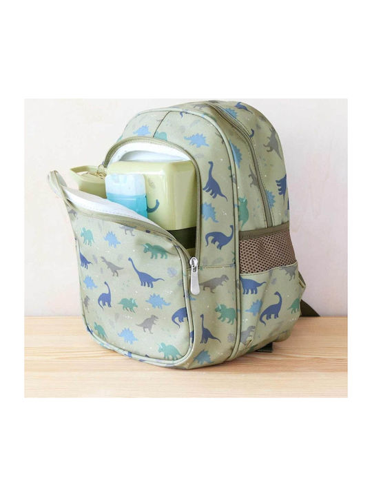 A Little Lovely Company Dinosaurs School Bag Backpack Kindergarten Green with Water Bottle Holder 13Liters