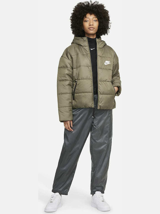 Therma Fit Women's Short Puffer Jacket for Winter with Hood Khaki
