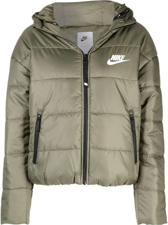 Therma Fit Women's Short Puffer Jacket for Winter with Hood Khaki