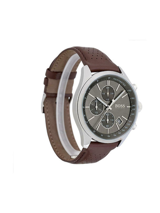 Boss Grand Prix Мъжки Часовник 44mm Хронограф На Батерия с Кафява Кожена Каишка