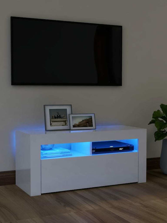 Solid Wood TV Furniture with LED Lighting Γυαλιστερό Λευκό L90xW35xH40cm