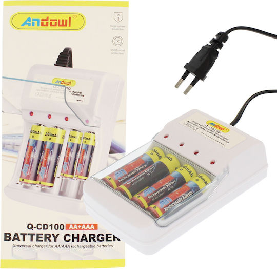 Andowl Q-CD100 Charger 4 Batteries Ni-MH Size AA/AAA in White color