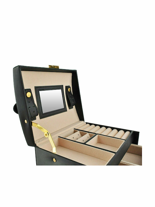 Beautylushh Jewellery Box Made of Faux Leather with Drawer & Mirror Black 17.5x13.8x17.5cm
