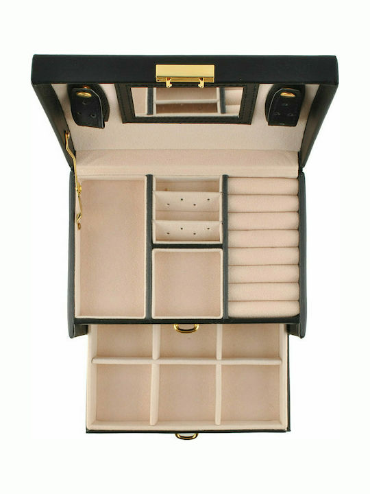 Beautylushh Jewellery Box Made of Faux Leather with Drawer & Mirror Black 17.5x13.8x17.5cm