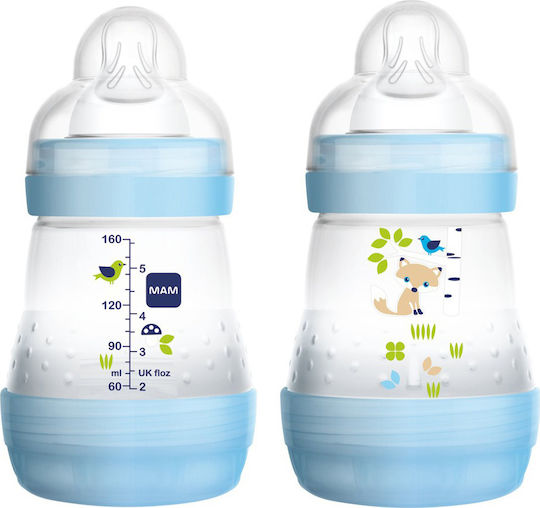 Mam Plastic Baby Bottle Easy Start Anti-Colic Anti-Colic with Silicone Teat for 0+ Months Light Blue Fox - Light Blue 160ml
