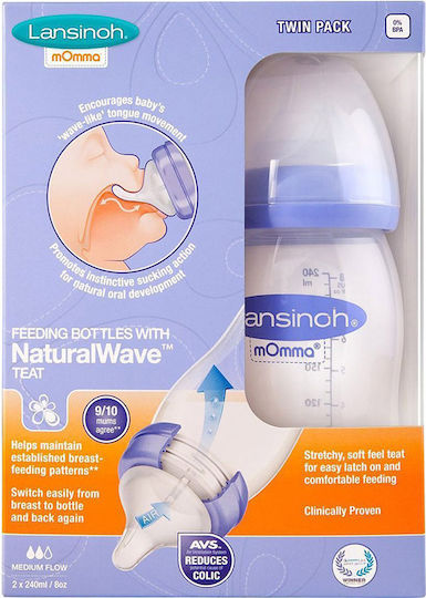 Lansinoh Plastic Baby Bottle Set with Silicone Nipple for 3+ months Transparent 240ml 2pcs