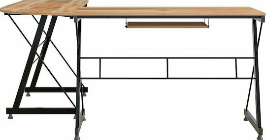 Corner Computer Office Wooden Walnut - Black with Metal Legs 158x120x74cm