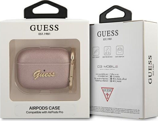 Guess Script Metal Logo Hülle Silikon mit Haken in Rosa Farbe für Apple AirPods Pro