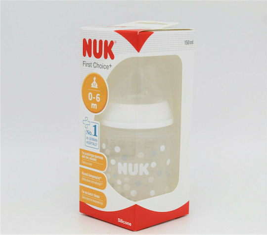 Nuk Plastic Baby Bottle First Choice Plus Temperature Control Anti-Colic with Silicone Teat for 0-6 Months White Dots - White 150ml