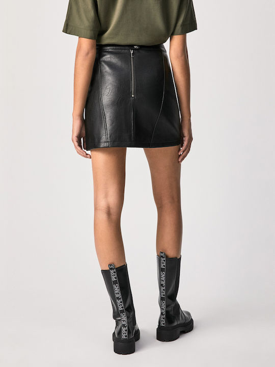 Pepe Jeans E1 Laura Δερμάτινη Ψηλόμεση Mini Φούστα σε Μαύρο χρώμα