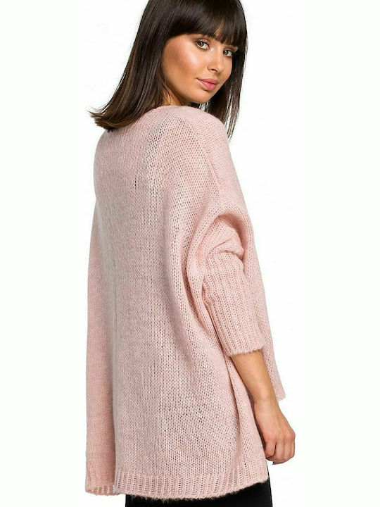 BE Knit Women's Long Sleeve Sweater with V Neckline Pink