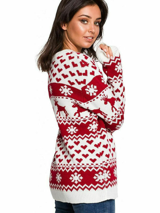 BE Knit Women's Long Sleeve Sweater Red White