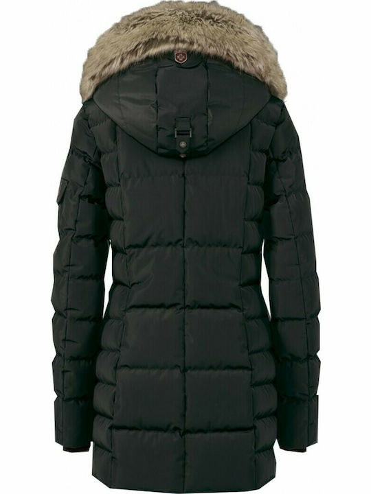 Wellensteyn Lang Damen Puffer Jacke mit pelziger Kapuze für Winter Schwarz