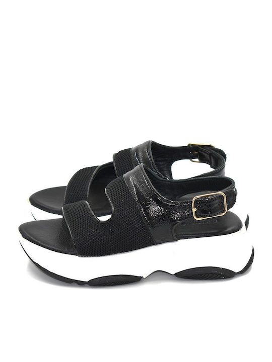 Leather Women's Flat Sandals Sporty Flatforms in Black Color