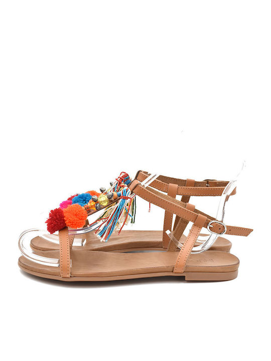 Leather Women's Flat Sandals with Strap in Tabac Brown Color