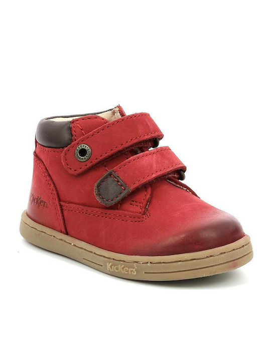 Kickers Tackeasy Kids Leather Anatomic Boots with Hoop & Loop Closure Red