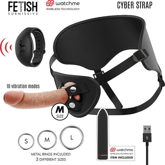 Fetish Submissive Cyber Strap Remote Control Harness And Vibrating Bullet Watchme Technology M Арсенал с Единично Дилдо в Телесен цвят