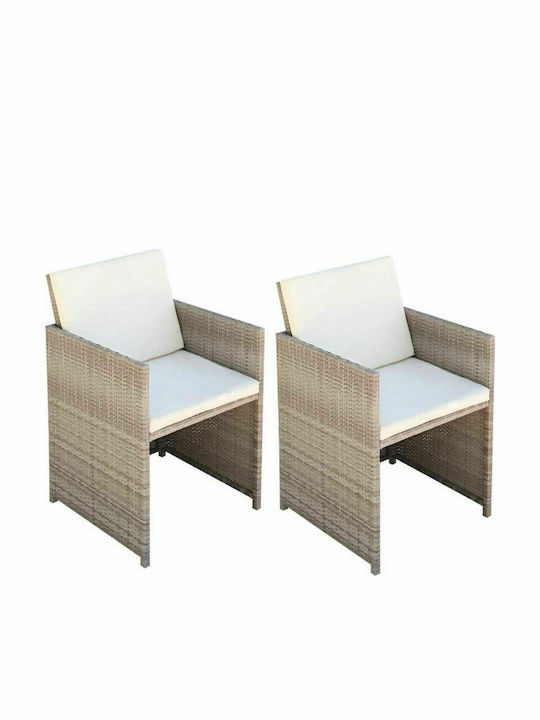 vidaXL Outdoor Chair Rattan Beige / Cream with Cushion 2 Pieces 52x56x85cm