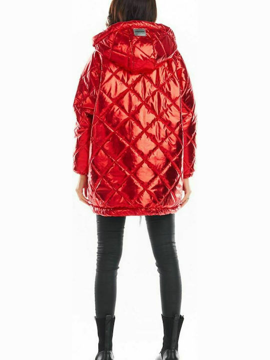 Awama Women's Long Puffer Jacket for Winter Red