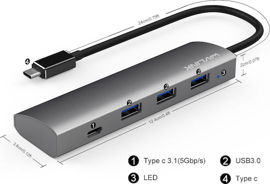 Wavlink UH3047C1 Hub 4 Θυρών USB 3.0 με σύνδεση USB-C Γκρι