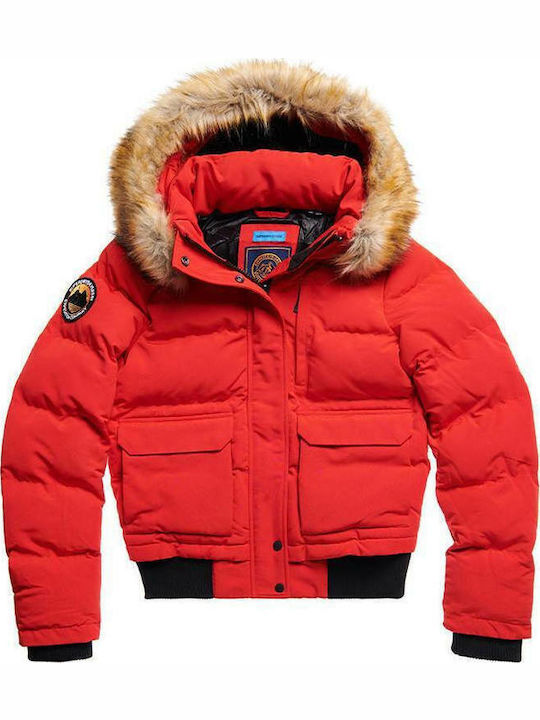 Everest Kurz Damen Puffer Jacke mit pelziger Kapuze für Winter Rot