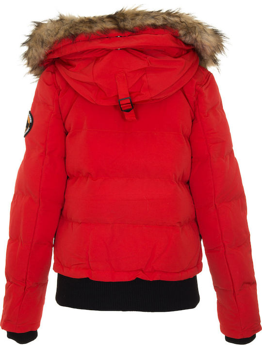 Everest Kurz Damen Puffer Jacke mit pelziger Kapuze für Winter Rot