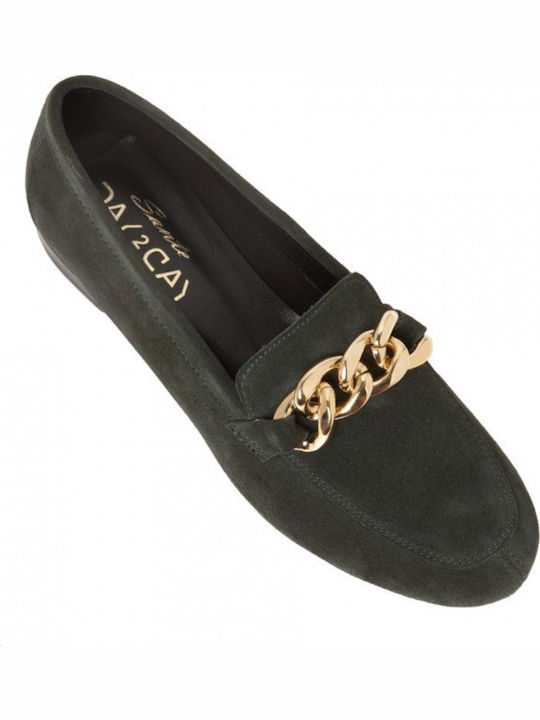 Leather Women's Loafers in Green Color