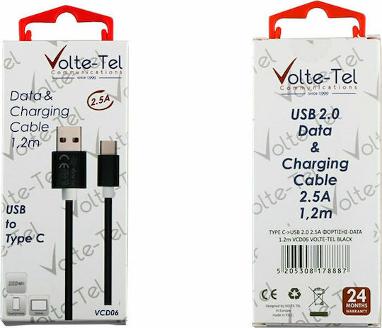 Volte-Tel USB 2.0 Кабел USB-C Мъжки - USB-A Черен 1.2м 8178887