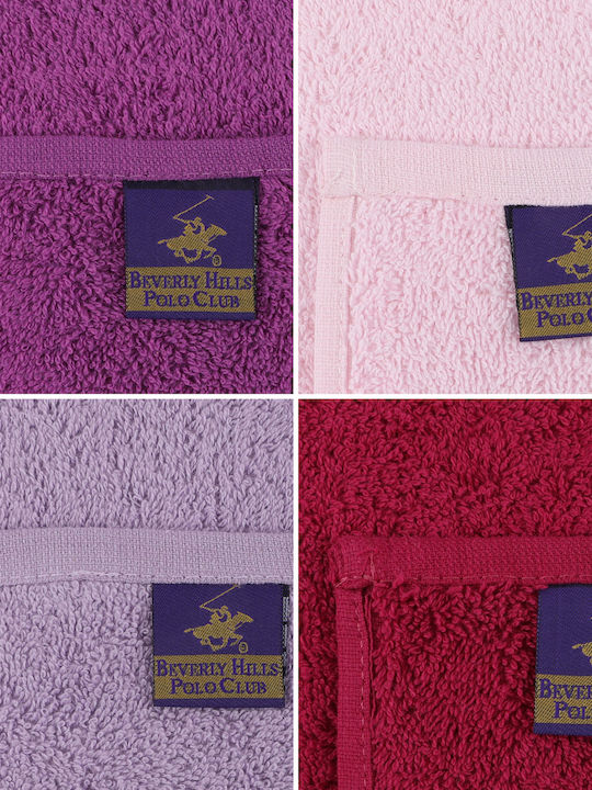 Beverly Hills Polo Club 4pc Bath Towel Set 30xcm. Red (#FF0000) Purple (#800080) Pink (#FFC0CB) White (#FFFFFFFF) Lilac (#C8A2C8)