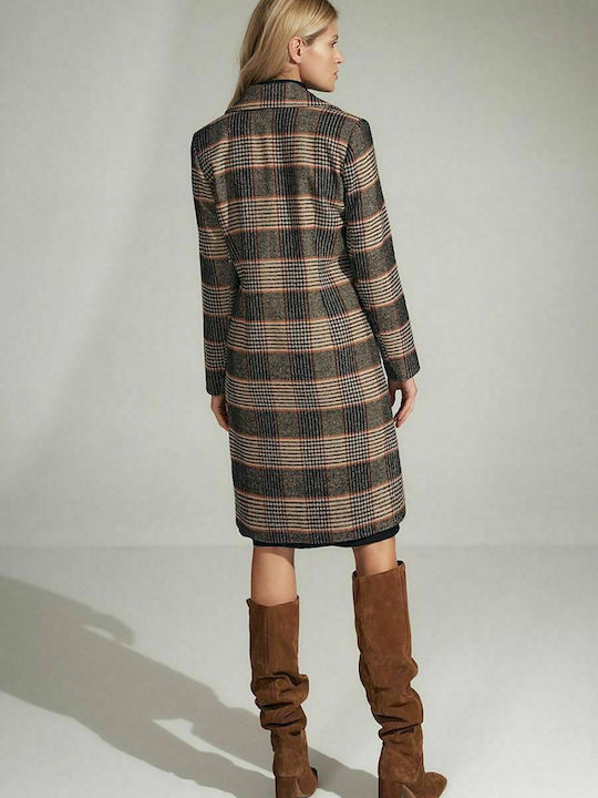 Figl M718 Women's Checked Midi Coat with Buttons Brown